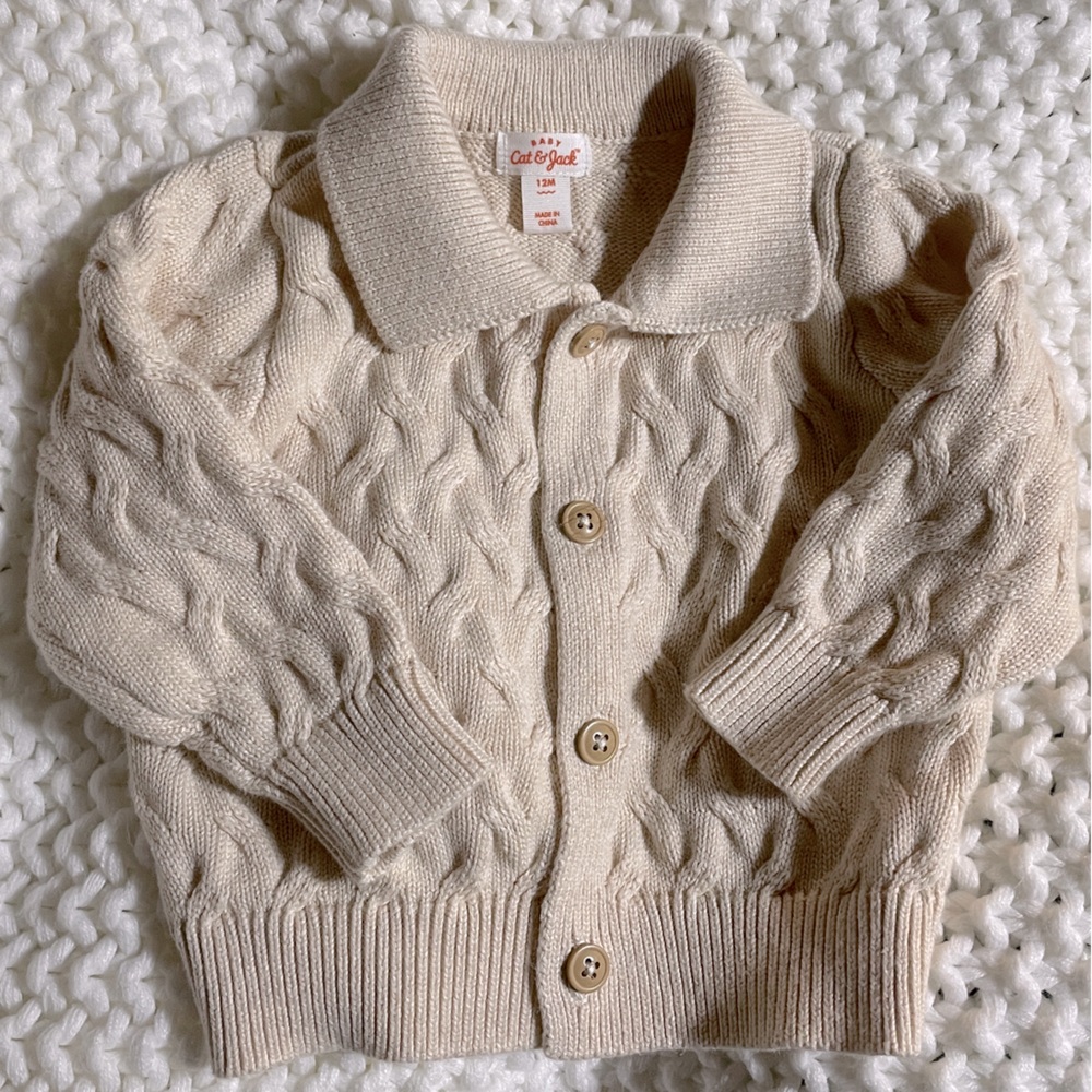 Cat & Jack Cream Cable Knit Sweater Winter Heavyweight Button Down Preppy 12mo